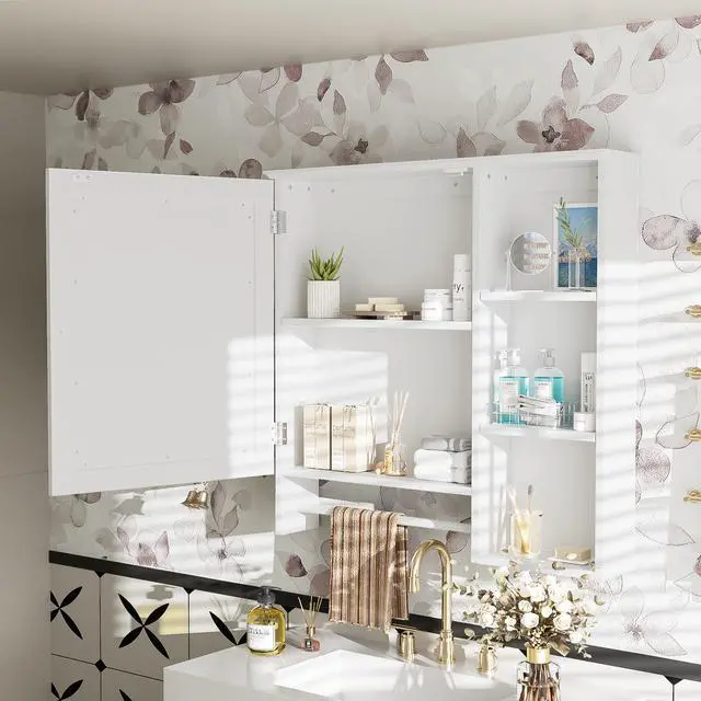 Alt view image 5 of 7 - Wall Mounted Bathroom Storage Cabinet, Medicine Cabinets with large mirror door, adjustable shelves and three open storage levels(Not Include Bathroom Vanity )