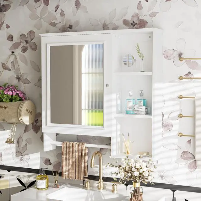 Alt view image 4 of 7 - Wall Mounted Bathroom Storage Cabinet, Medicine Cabinets with large mirror door, adjustable shelves and three open storage levels(Not Include Bathroom Vanity )