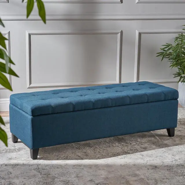 Alt view image 2 of 7 - Upholstered Storage Ottoman Bench, Entryway Bench, End of Bed Bench, Ottoman Foot Rest for Bedroom, Navy Blue, 300lbs