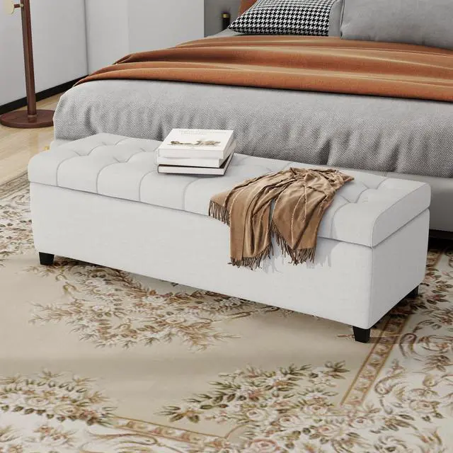 Alt view image 2 of 7 - Upholstered Storage Ottoman Bench, Entryway Bench, End of Bed Bench, Ottoman Foot Rest for Bedroom, Light Grey, 300lbs