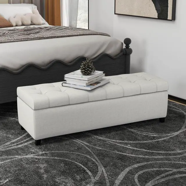 Alt view image 4 of 7 - Upholstered Storage Ottoman Bench, Entryway Bench, End of Bed Bench, Ottoman Foot Rest for Bedroom, Light Grey, 300lbs