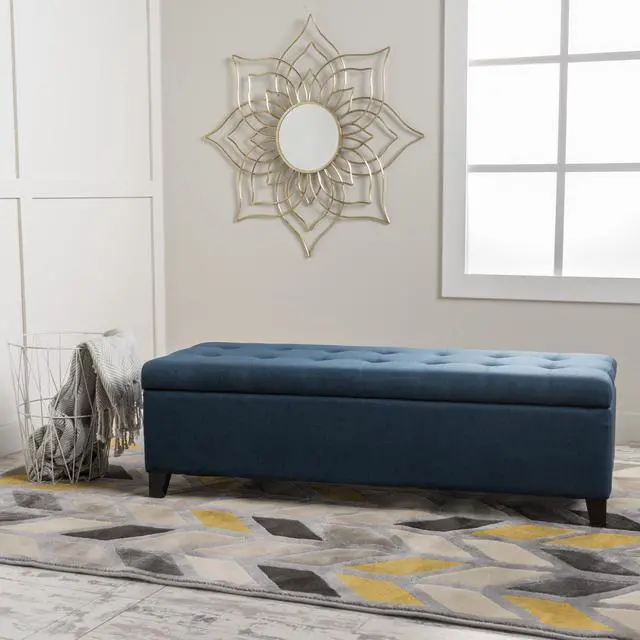 Alt view image 5 of 7 - Upholstered Storage Ottoman Bench, Entryway Bench, End of Bed Bench, Ottoman Foot Rest for Bedroom, Navy Blue, 300lbs