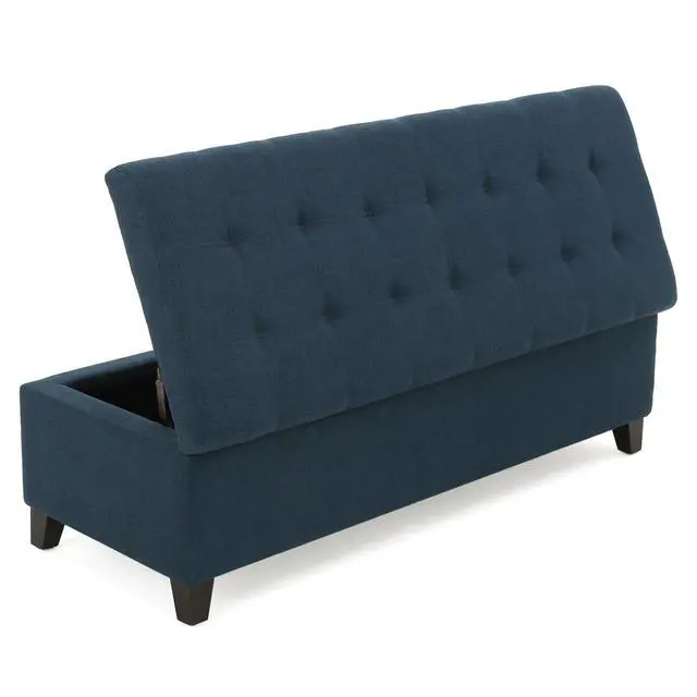 Alt view image 7 of 7 - Upholstered Storage Ottoman Bench, Entryway Bench, End of Bed Bench, Ottoman Foot Rest for Bedroom, Navy Blue, 300lbs