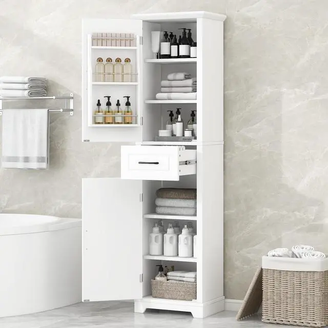 Alt view image 2 of 7 - Tall Bathroom Storage Cabinet, Freestanding Storage Cabinet with Two Doors and Adjustable Shelves, Door Shelve Design, MDF Board with Painted Finish, White