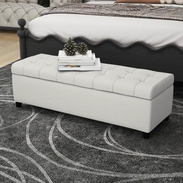 Alt view image 5 of 7 - Upholstered Storage Ottoman Bench, Entryway Bench, End of Bed Bench, Ottoman Foot Rest for Bedroom, Light Grey, 300lbs