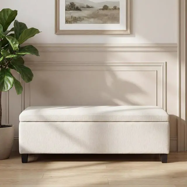 Alt view image 4 of 7 - Indoor Textured Boucle White Storage Ottoman Bench - 50.98''L Upholstered Entryway Bench with Hidden Storage, 300lbs Weight Capacity for Living Room, Bedroom & Hallway