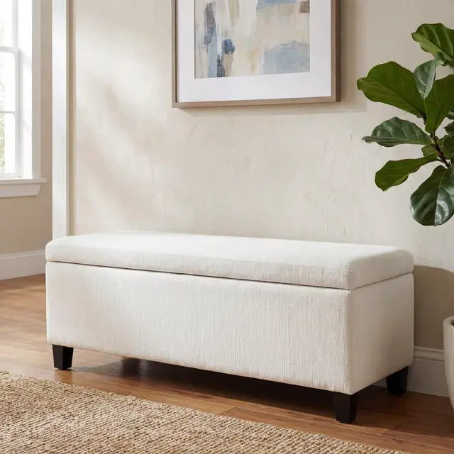 Alt view image 5 of 7 - Indoor Textured Boucle White Storage Ottoman Bench - 50.98''L Upholstered Entryway Bench with Hidden Storage, 300lbs Weight Capacity for Living Room, Bedroom & Hallway