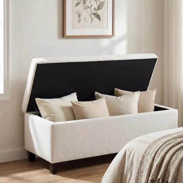Alt view image 2 of 7 - Indoor Textured Boucle White Storage Ottoman Bench - 50.98''L Upholstered Entryway Bench with Hidden Storage, 300lbs Weight Capacity for Living Room, Bedroom & Hallway