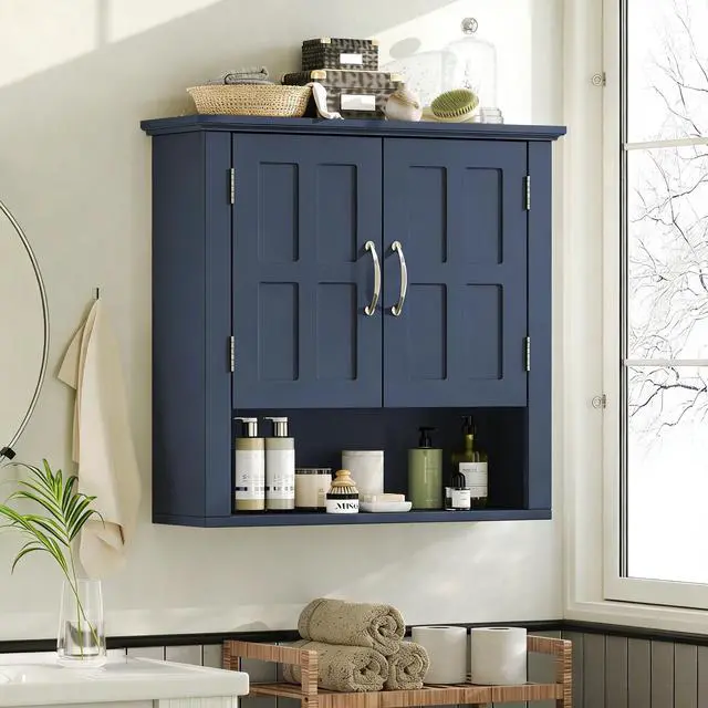 Alt view image 2 of 7 - Bathroom Wall Storage Cabinet, Multi -functional Wall Mounted Cabinet with Adjustable Shelves, Medicine Cabinet for Laundry Room & Kitchen & Living Room, Blue