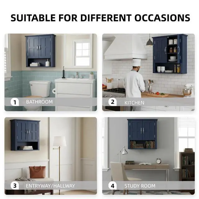 Alt view image 6 of 7 - Bathroom Wall Storage Cabinet, Multi -functional Wall Mounted Cabinet with Adjustable Shelves, Medicine Cabinet for Laundry Room & Kitchen & Living Room, Blue