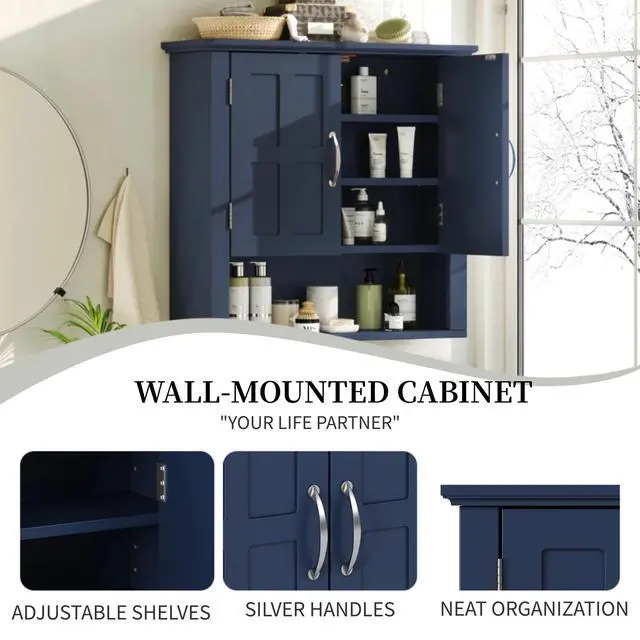 Alt view image 5 of 7 - Bathroom Wall Storage Cabinet, Multi -functional Wall Mounted Cabinet with Adjustable Shelves, Medicine Cabinet for Laundry Room & Kitchen & Living Room, Blue
