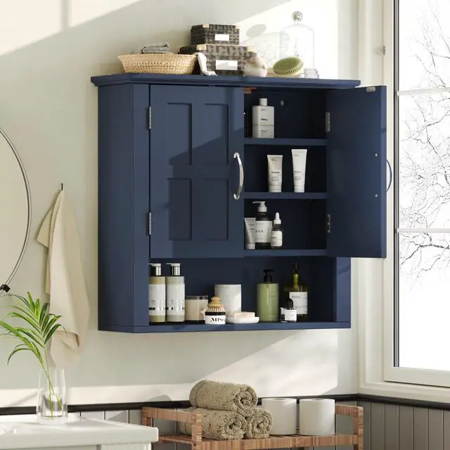 Alt view image 4 of 7 - Bathroom Wall Storage Cabinet, Multi -functional Wall Mounted Cabinet with Adjustable Shelves, Medicine Cabinet for Laundry Room & Kitchen & Living Room, Blue