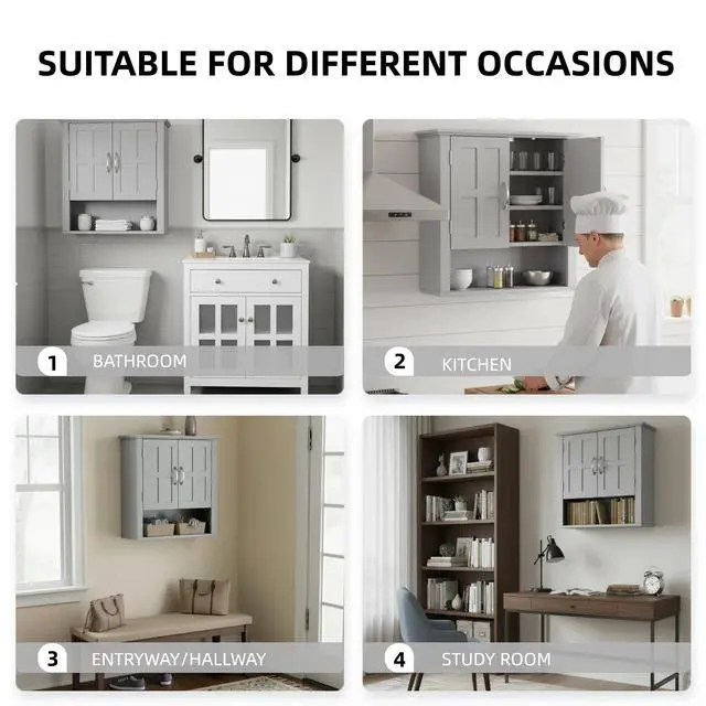 Alt view image 5 of 7 - Bathroom Wall Storage Cabinet, Multi -functional Wall Mounted Cabinet with Adjustable Shelves, Medicine Cabinet for Laundry Room & Kitchen & Living Room, Gray
