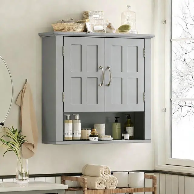 Alt view image 2 of 7 - Bathroom Wall Storage Cabinet, Multi -functional Wall Mounted Cabinet with Adjustable Shelves, Medicine Cabinet for Laundry Room & Kitchen & Living Room, Gray