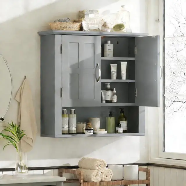 Alt view image 4 of 7 - Bathroom Wall Storage Cabinet, Multi -functional Wall Mounted Cabinet with Adjustable Shelves, Medicine Cabinet for Laundry Room & Kitchen & Living Room, Gray