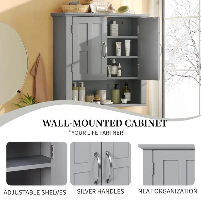 Alt view image 6 of 7 - Bathroom Wall Storage Cabinet, Multi -functional Wall Mounted Cabinet with Adjustable Shelves, Medicine Cabinet for Laundry Room & Kitchen & Living Room, Gray