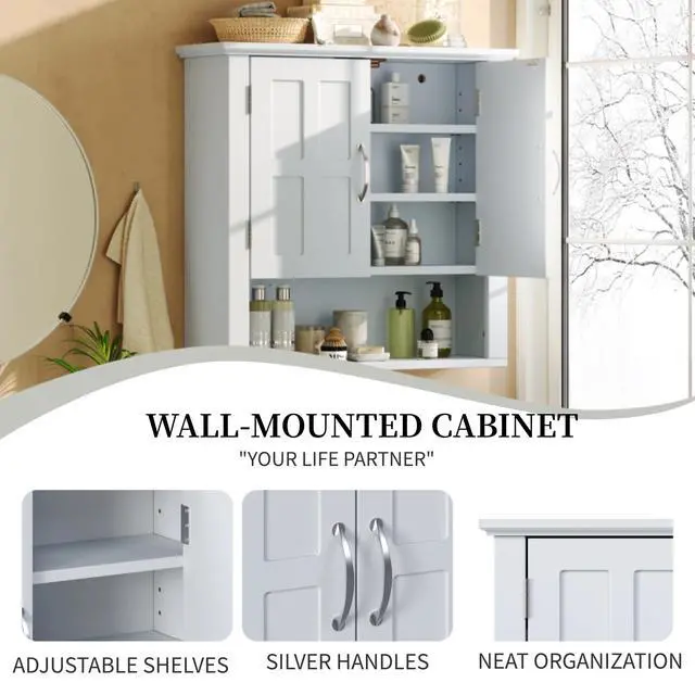 Alt view image 6 of 7 - Bathroom Wall Storage Cabinet, Multi -functional Wall Mounted Cabinet with Adjustable Shelves, Medicine Cabinet for Laundry Room & Kitchen & Living Room, White