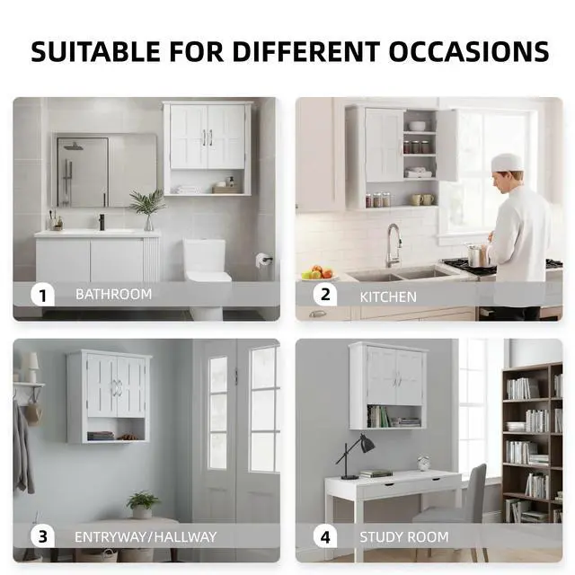 Alt view image 7 of 7 - Bathroom Wall Storage Cabinet, Multi -functional Wall Mounted Cabinet with Adjustable Shelves, Medicine Cabinet for Laundry Room & Kitchen & Living Room, White