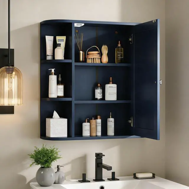 Alt view image 4 of 7 - Bathroom Wall Storage Cabinet with Mirror, Medicine Cabinet with Adjustable Wood Shelf & Doors, Mounted Storage Cabinets with 6 Open Shelves, Blue