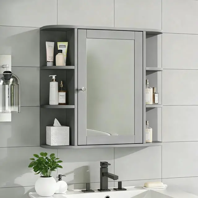 Alt view image 2 of 7 - Bathroom Wall Storage Cabinet with Mirror, Medicine Cabinet with Adjustable Wood Shelf & Doors, Mounted Storage Cabinets with 6 Open Shelves, Gray