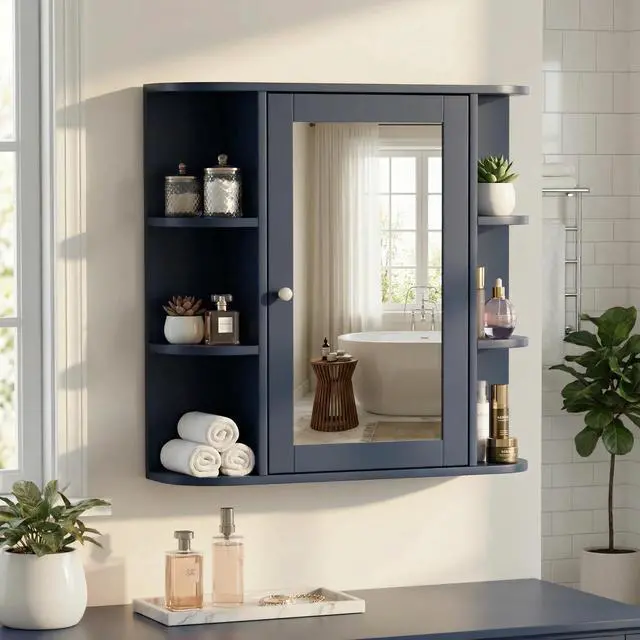 Alt view image 5 of 7 - Bathroom Wall Storage Cabinet with Mirror, Medicine Cabinet with Adjustable Wood Shelf & Doors, Mounted Storage Cabinets with 6 Open Shelves, Blue