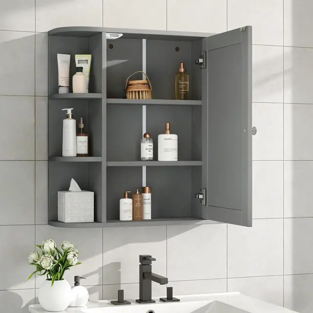 Alt view image 4 of 7 - Bathroom Wall Storage Cabinet with Mirror, Medicine Cabinet with Adjustable Wood Shelf & Doors, Mounted Storage Cabinets with 6 Open Shelves, Gray