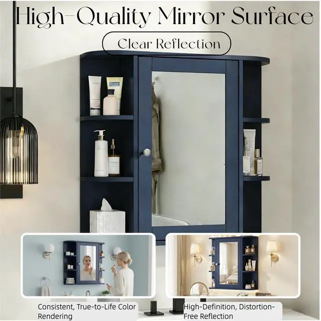 Alt view image 7 of 7 - Bathroom Wall Storage Cabinet with Mirror, Medicine Cabinet with Adjustable Wood Shelf & Doors, Mounted Storage Cabinets with 6 Open Shelves, Blue