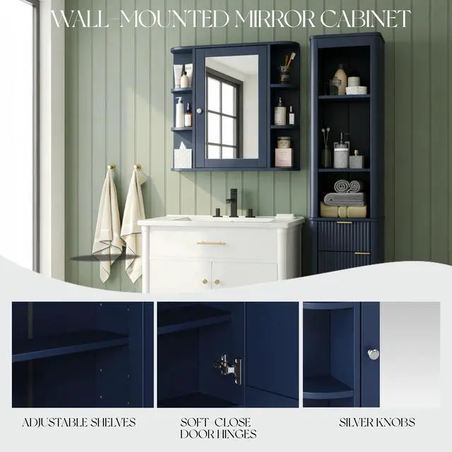 Alt view image 6 of 7 - Bathroom Wall Storage Cabinet with Mirror, Medicine Cabinet with Adjustable Wood Shelf & Doors, Mounted Storage Cabinets with 6 Open Shelves, Blue