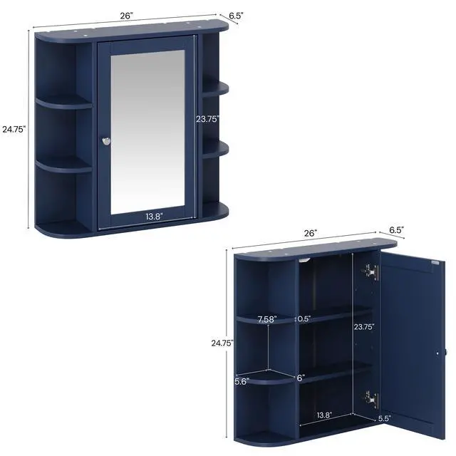 Alt view image 3 of 7 - Bathroom Wall Storage Cabinet with Mirror, Medicine Cabinet with Adjustable Wood Shelf & Doors, Mounted Storage Cabinets with 6 Open Shelves, Blue