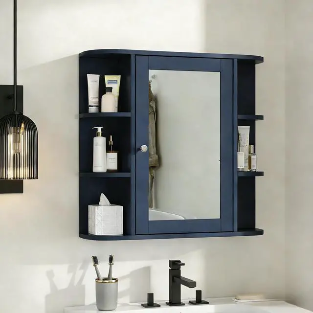 Alt view image 2 of 7 - Bathroom Wall Storage Cabinet with Mirror, Medicine Cabinet with Adjustable Wood Shelf & Doors, Mounted Storage Cabinets with 6 Open Shelves, Blue