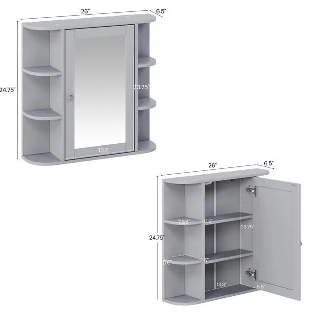 Alt view image 3 of 7 - Bathroom Wall Storage Cabinet with Mirror, Medicine Cabinet with Adjustable Wood Shelf & Doors, Mounted Storage Cabinets with 6 Open Shelves, Gray