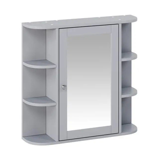 Main image of Bathroom Wall Storage Cabinet with Mirror, Medicine Cabinet with Adjustable Wood Shelf & Doors, Mounted Storage Cabinets with 6 Open Shelves, Gray