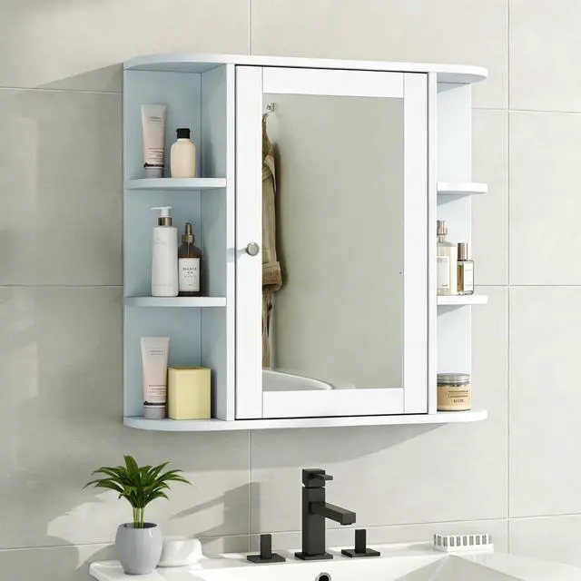 Alt view image 2 of 7 - Bathroom Wall Storage Cabinet with Mirror, Medicine Cabinet with Adjustable Wood Shelf & Doors, Mounted Storage Cabinets with 6 Open Shelves, White