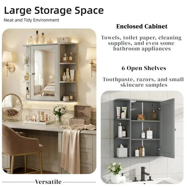Alt view image 6 of 7 - Bathroom Wall Storage Cabinet with Mirror, Medicine Cabinet with Adjustable Wood Shelf & Doors, Mounted Storage Cabinets with 6 Open Shelves, Gray