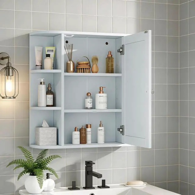 Alt view image 4 of 7 - Bathroom Wall Storage Cabinet with Mirror, Medicine Cabinet with Adjustable Wood Shelf & Doors, Mounted Storage Cabinets with 6 Open Shelves, White