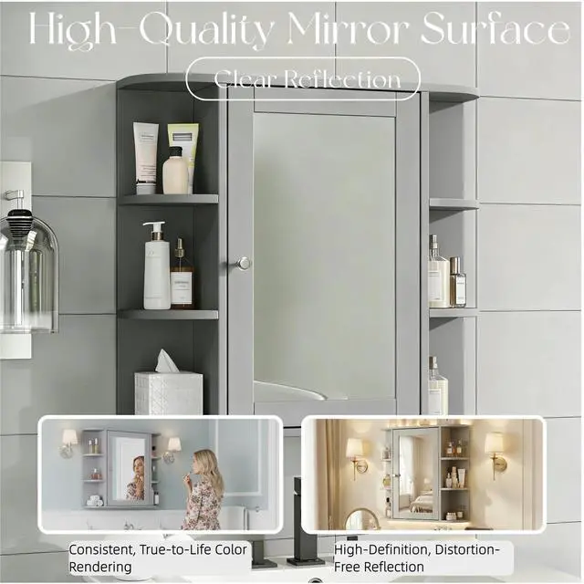 Alt view image 7 of 7 - Bathroom Wall Storage Cabinet with Mirror, Medicine Cabinet with Adjustable Wood Shelf & Doors, Mounted Storage Cabinets with 6 Open Shelves, Gray