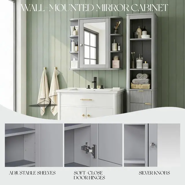 Alt view image 5 of 7 - Bathroom Wall Storage Cabinet with Mirror, Medicine Cabinet with Adjustable Wood Shelf & Doors, Mounted Storage Cabinets with 6 Open Shelves, Gray