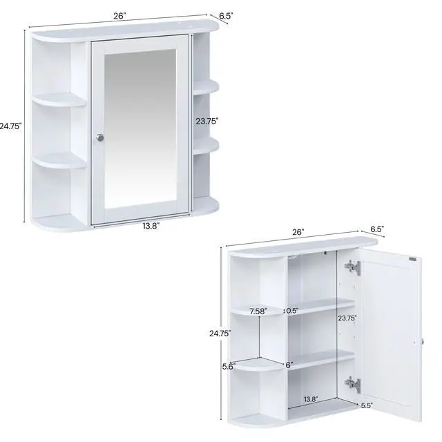Alt view image 3 of 7 - Bathroom Wall Storage Cabinet with Mirror, Medicine Cabinet with Adjustable Wood Shelf & Doors, Mounted Storage Cabinets with 6 Open Shelves, White