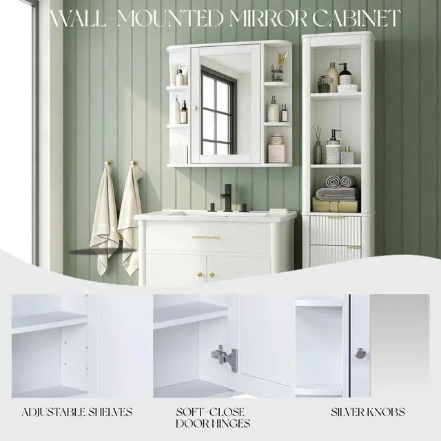 Alt view image 7 of 7 - Bathroom Wall Storage Cabinet with Mirror, Medicine Cabinet with Adjustable Wood Shelf & Doors, Mounted Storage Cabinets with 6 Open Shelves, White