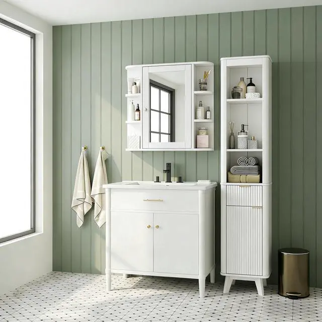 Alt view image 6 of 7 - Bathroom Wall Storage Cabinet with Mirror, Medicine Cabinet with Adjustable Wood Shelf & Doors, Mounted Storage Cabinets with 6 Open Shelves, White