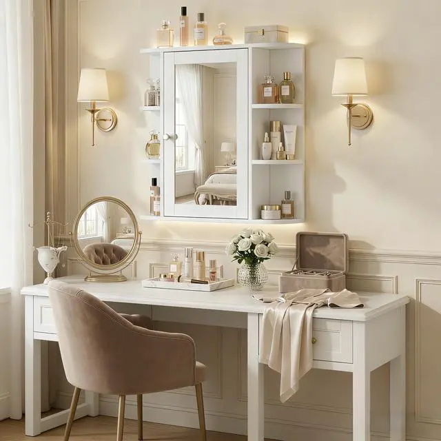 Alt view image 5 of 7 - Bathroom Wall Storage Cabinet with Mirror, Medicine Cabinet with Adjustable Wood Shelf & Doors, Mounted Storage Cabinets with 6 Open Shelves, White