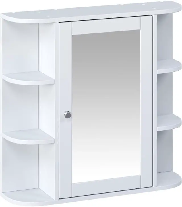 Main image of Bathroom Wall Storage Cabinet with Mirror, Medicine Cabinet with Adjustable Wood Shelf & Doors, Mounted Storage Cabinets with 6 Open Shelves, White