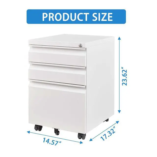Alt view image 3 of 7 - 3 Drawer Mobile File Cabinet with Lock,Metal Filing Cabinets for Home Office Organizer Letters/Legal/A4,Fully Assembled Except Wheels,White