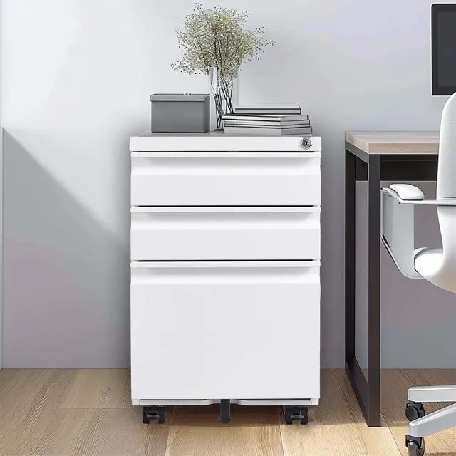 Alt view image 2 of 7 - 3 Drawer Mobile File Cabinet with Lock,Metal Filing Cabinets for Home Office Organizer Letters/Legal/A4,Fully Assembled Except Wheels,White