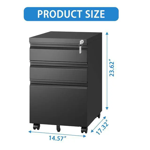 Alt view image 3 of 7 - 3 Drawer Mobile File Cabinet with Lock,Metal Filing Cabinets for Home Office Organizer Letters/Legal/A4,Fully Assembled Except Wheels ,Black