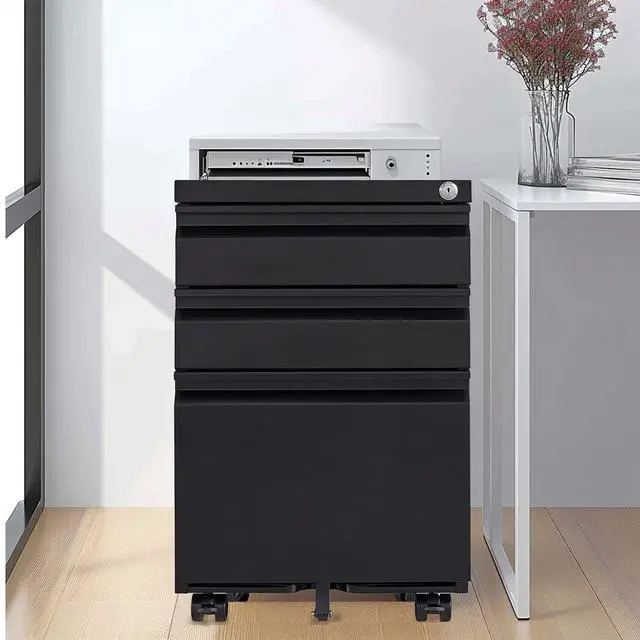 Alt view image 2 of 7 - 3 Drawer Mobile File Cabinet with Lock,Metal Filing Cabinets for Home Office Organizer Letters/Legal/A4,Fully Assembled Except Wheels ,Black
