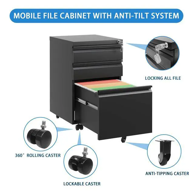 Alt view image 6 of 7 - 3 Drawer Mobile File Cabinet with Lock,Metal Filing Cabinets for Home Office Organizer Letters/Legal/A4,Fully Assembled Except Wheels ,Black