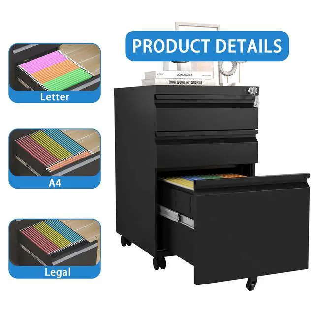 Alt view image 7 of 7 - 3 Drawer Mobile File Cabinet with Lock,Metal Filing Cabinets for Home Office Organizer Letters/Legal/A4,Fully Assembled Except Wheels ,Black