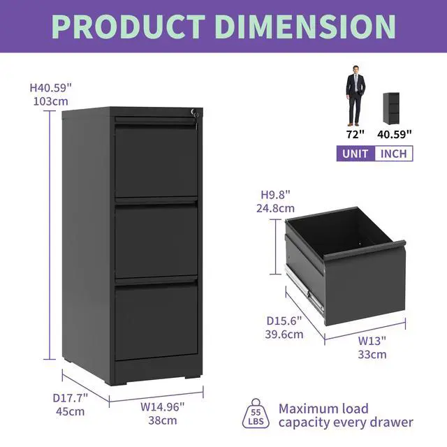 Alt view image 3 of 7 - 3 Drawer Metal Vertical File Cabinet with Lock Office Home Steel Vertical File Cabinet for A4 Legal/Letter Size