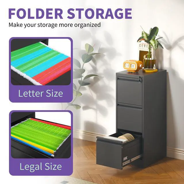 Alt view image 7 of 7 - 3 Drawer Metal Vertical File Cabinet with Lock Office Home Steel Vertical File Cabinet for A4 Legal/Letter Size